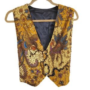 VTG Kenar Womens Gold Beaded Bird Floral Pattern Vest Size Small Tie Waistcoat